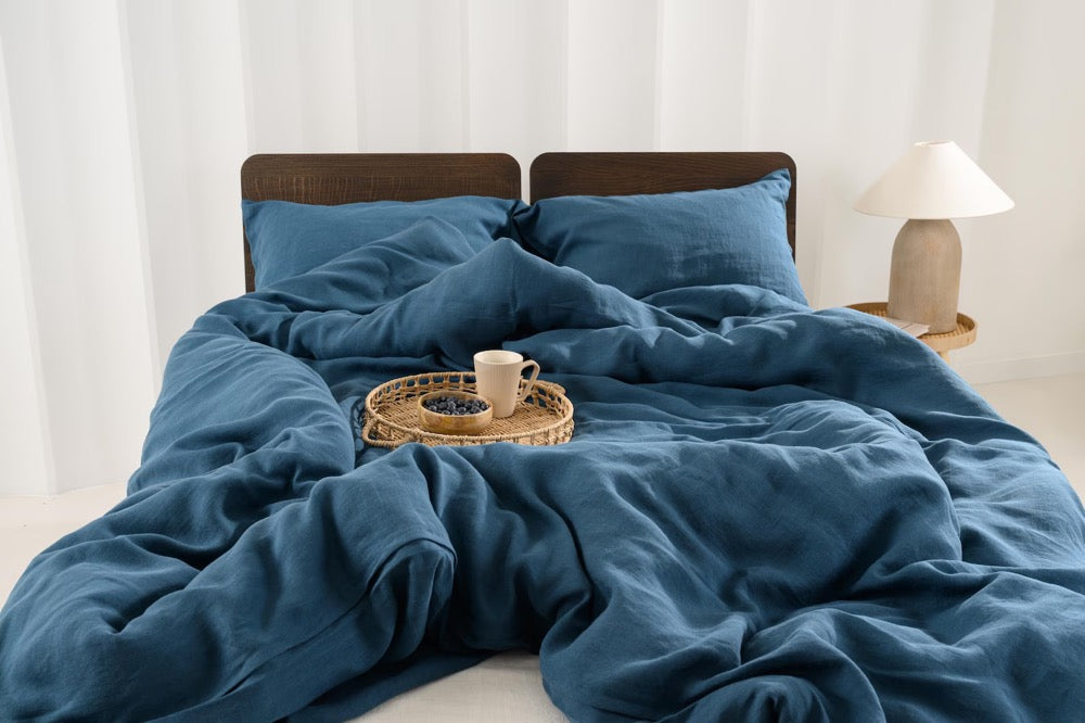 Ocean Blue Linen Duvet Cover: Stonewashed Flax Bedding, King/Queen Comforter Thermoregulating